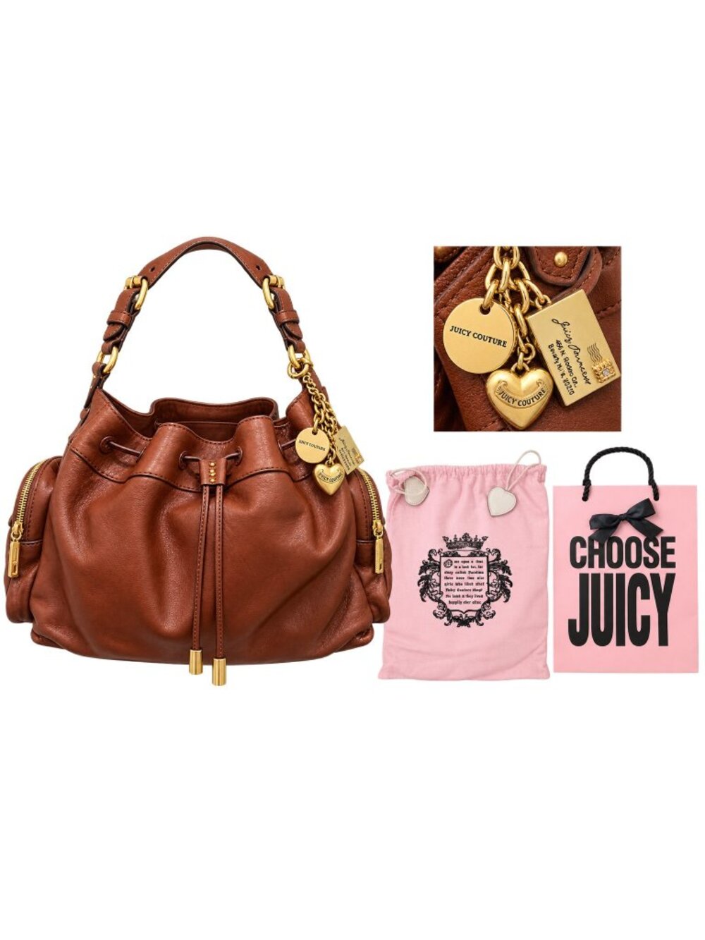 Vintage Juicy Couture Y2K Cognac Leather Large Drawstring Hobo Bag Gold Charms